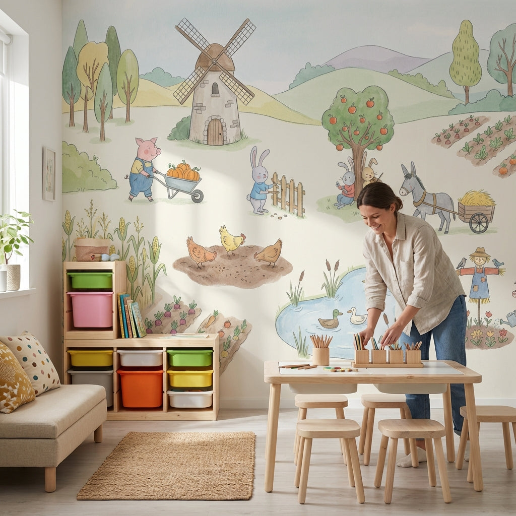 Whimsical Farm Wallpaper Animal Countryside Wall Mural