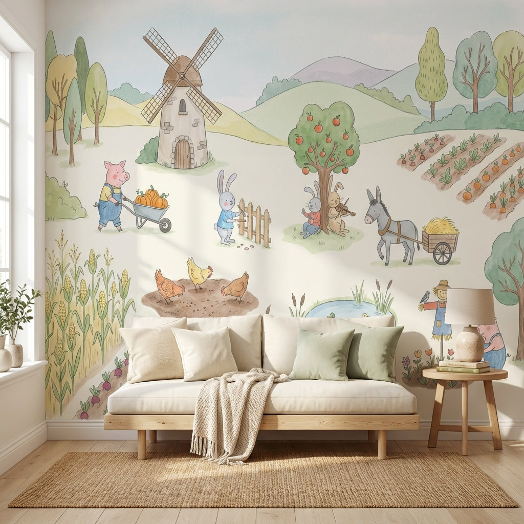 Whimsical Farm Wallpaper Animal Countryside Wall Mural