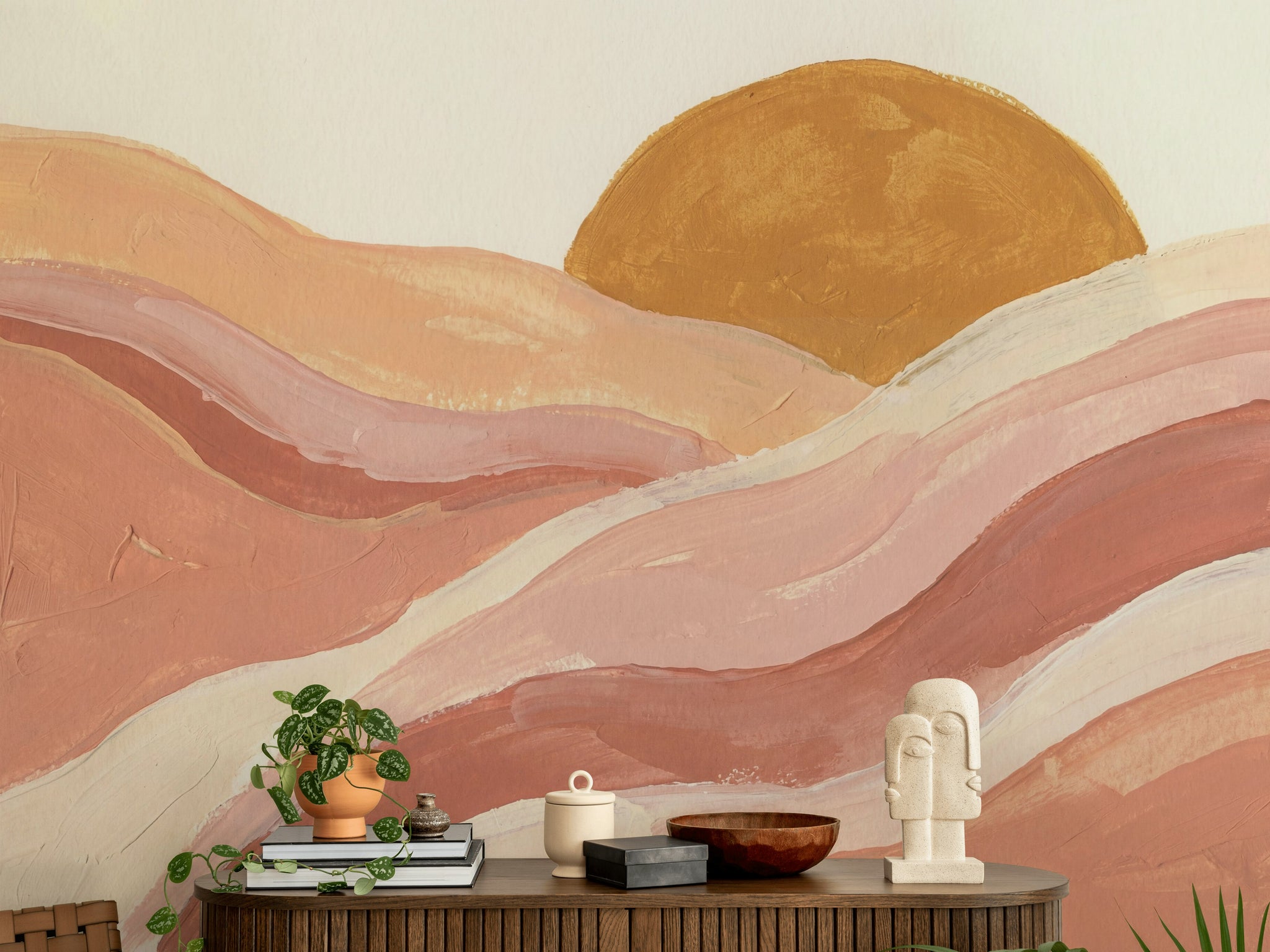 Abstract Sun Wallpaper Earth Tones Wavy Wall Mural