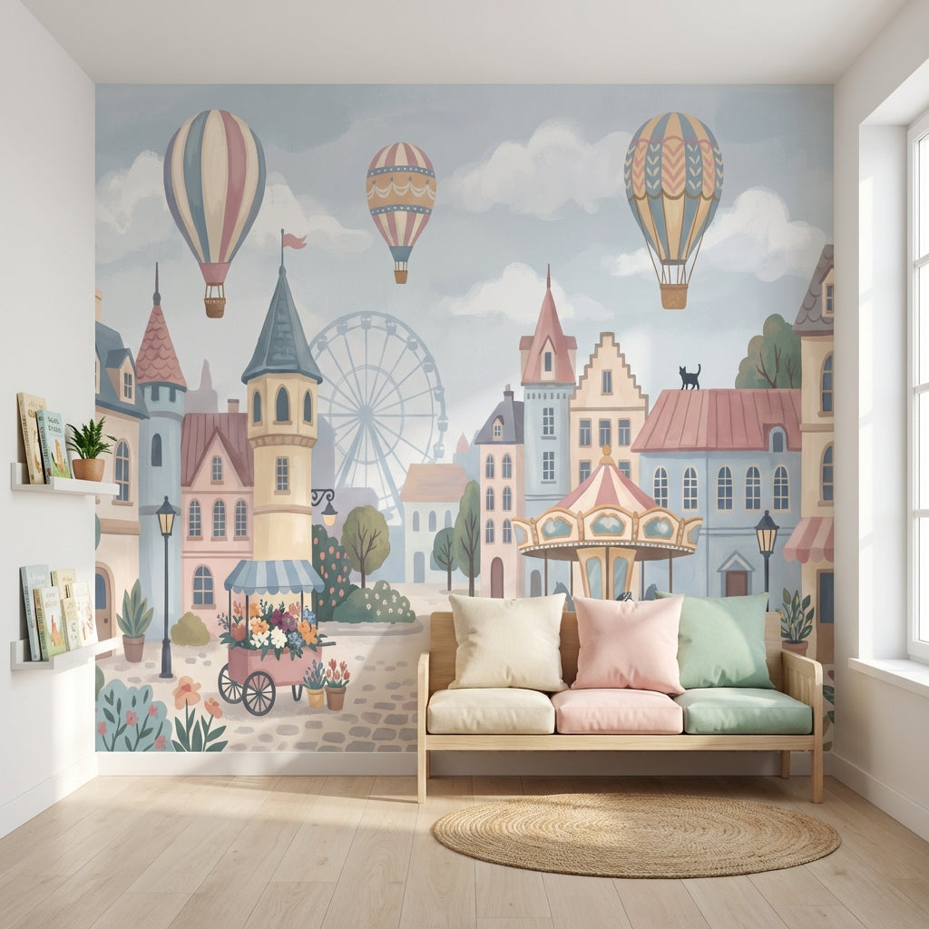 Village Wallpaper Hot Air Balloons Carousel Wall Mural