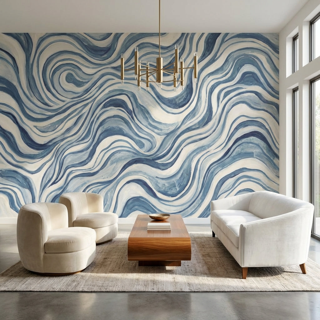 Abstract Pattern Wallpaper Blue Wavy Wall Mural