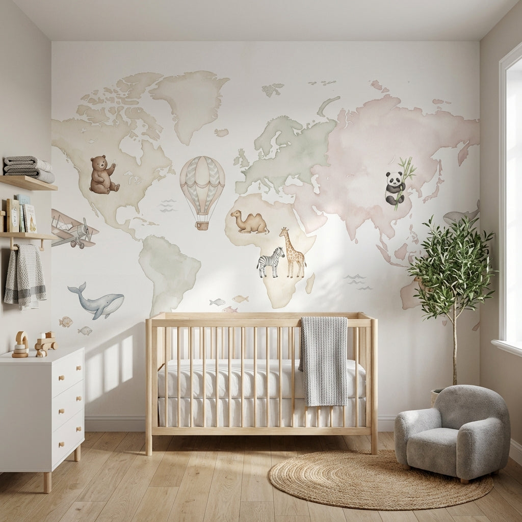 Watercolor World Map Wallpaper Animal Nursery Wall Mural