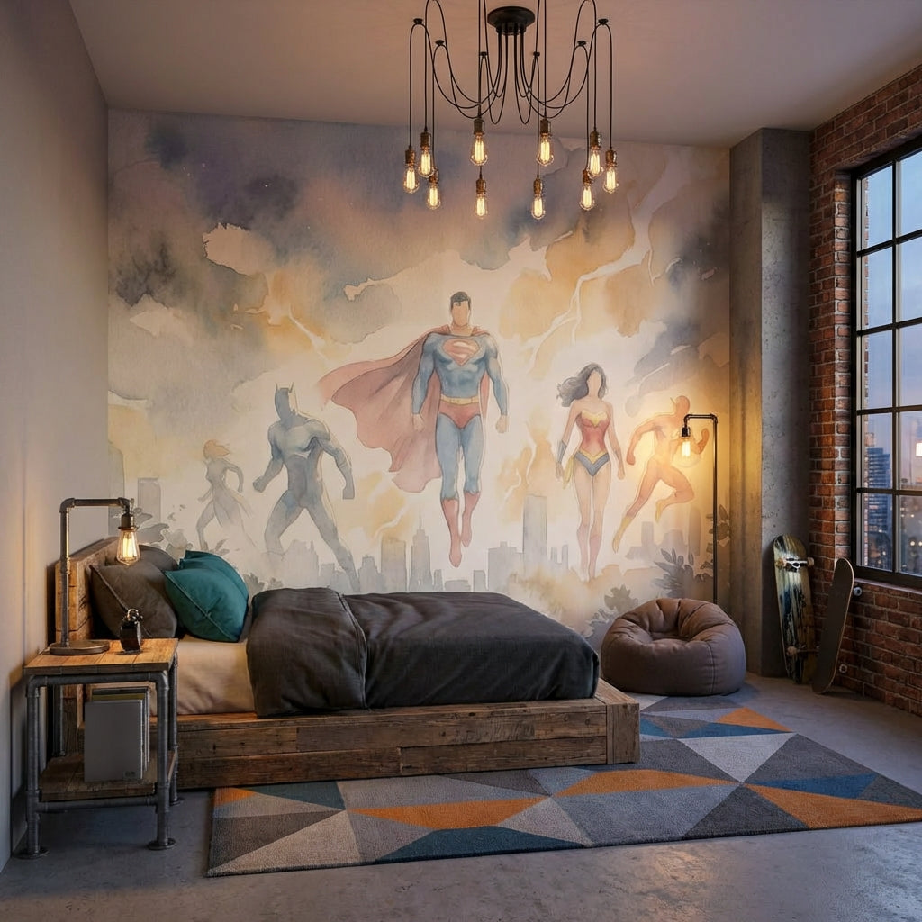 Superheroes Wallpaper Watercolor Cityscape Wall Mural