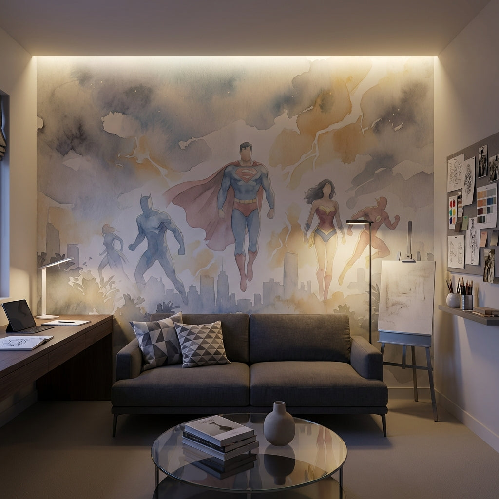 Superheroes Wallpaper Watercolor Cityscape Wall Mural