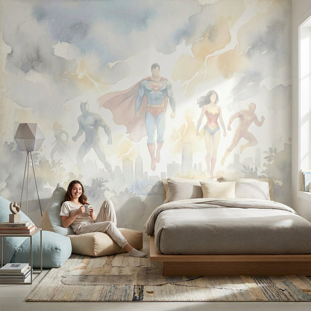 Superheroes Wallpaper Watercolor Cityscape Wall Mural