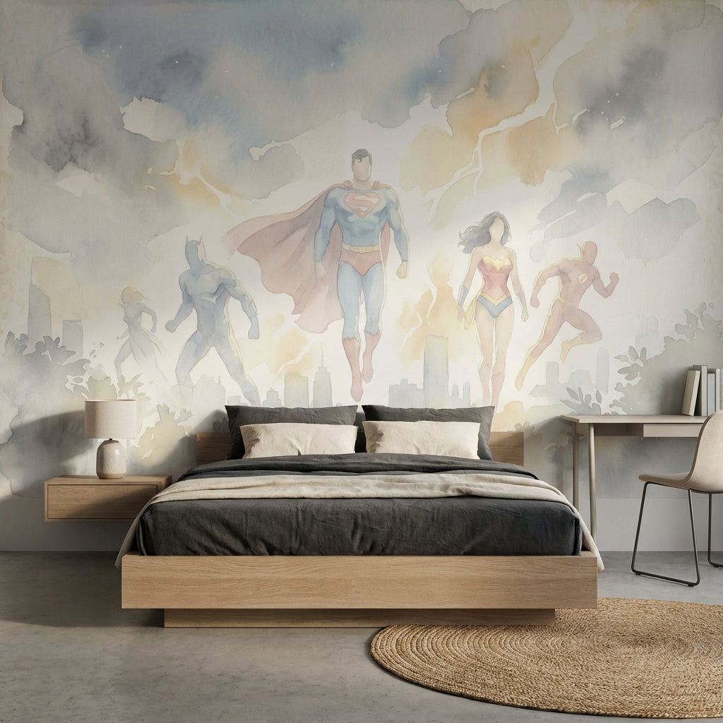 Superheroes Wallpaper Watercolor Cityscape Wall Mural