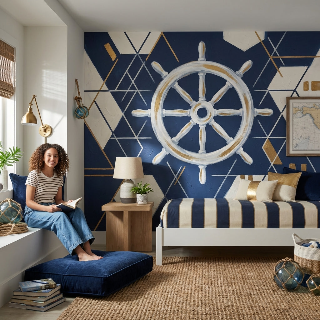 Nautical Wallpaper Geometric Ship Wheel Wall Mural