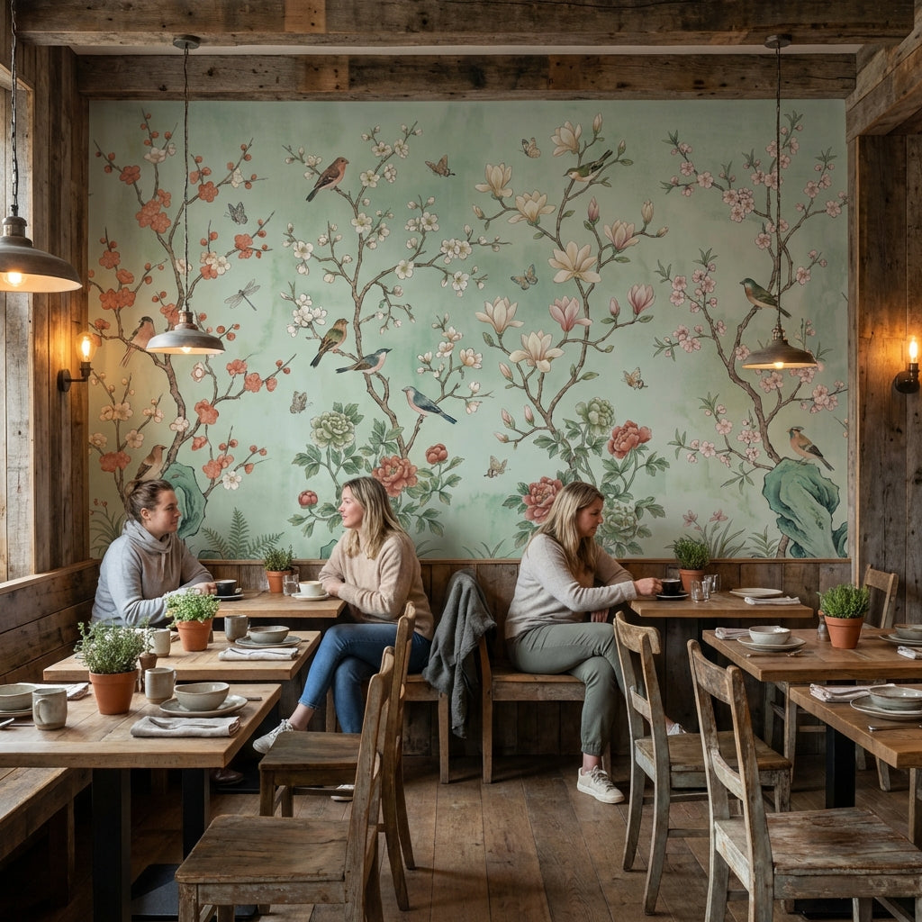 Floral Wallpaper Birds Green Wall Mural