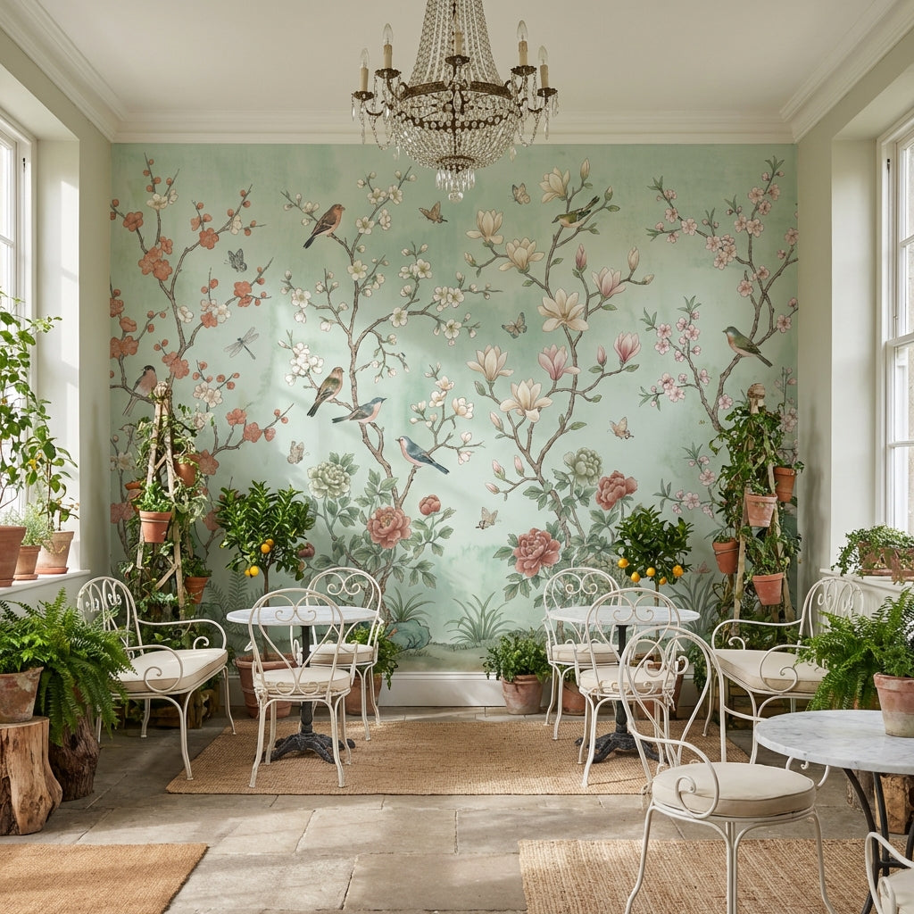 Floral Wallpaper Birds Green Wall Mural