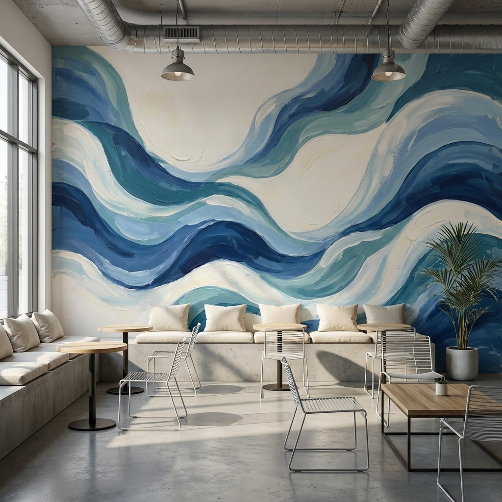 Abstract Waves Wallpaper Blue Modern Wall Mural