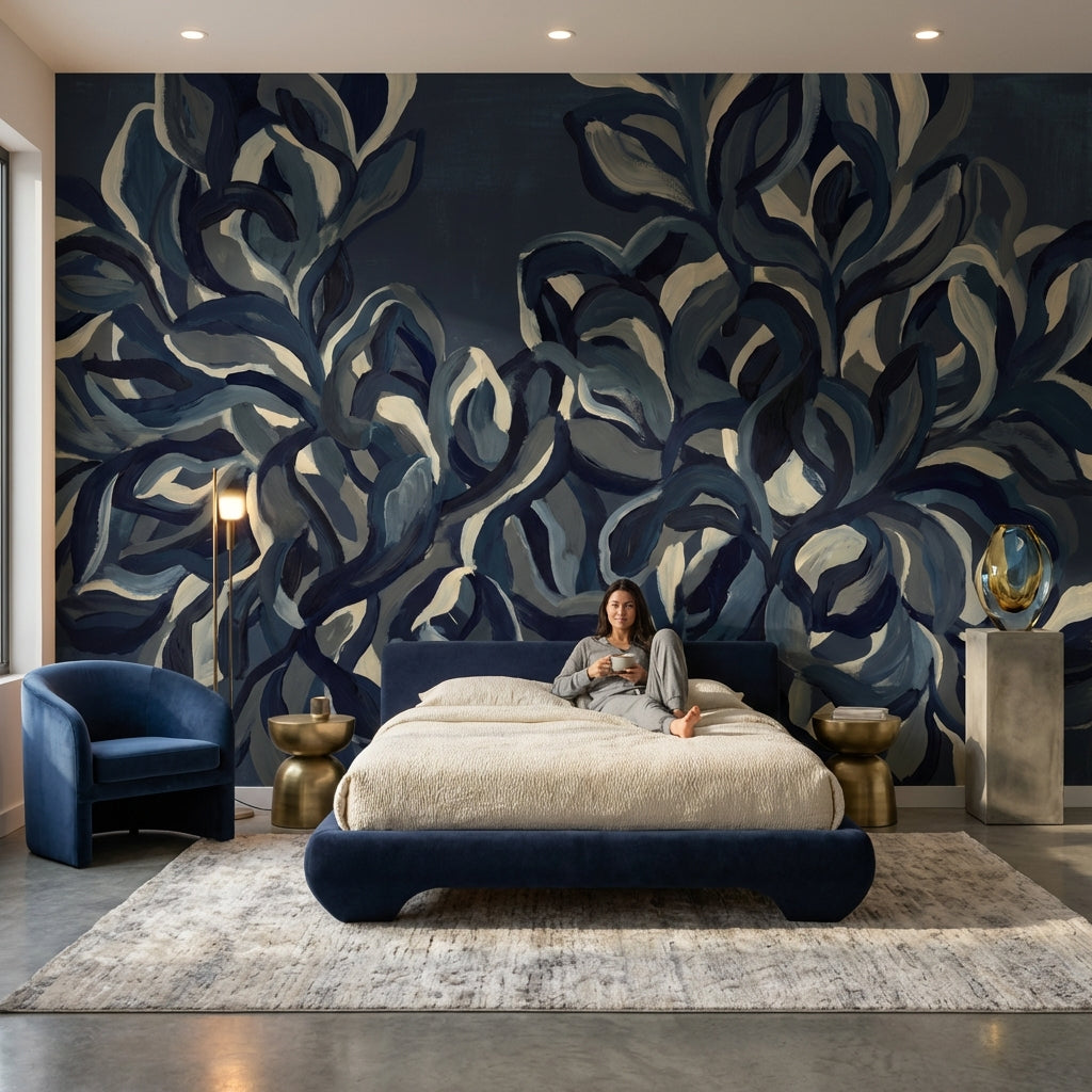 Abstract Wallpaper Floral Navy Wall Mural