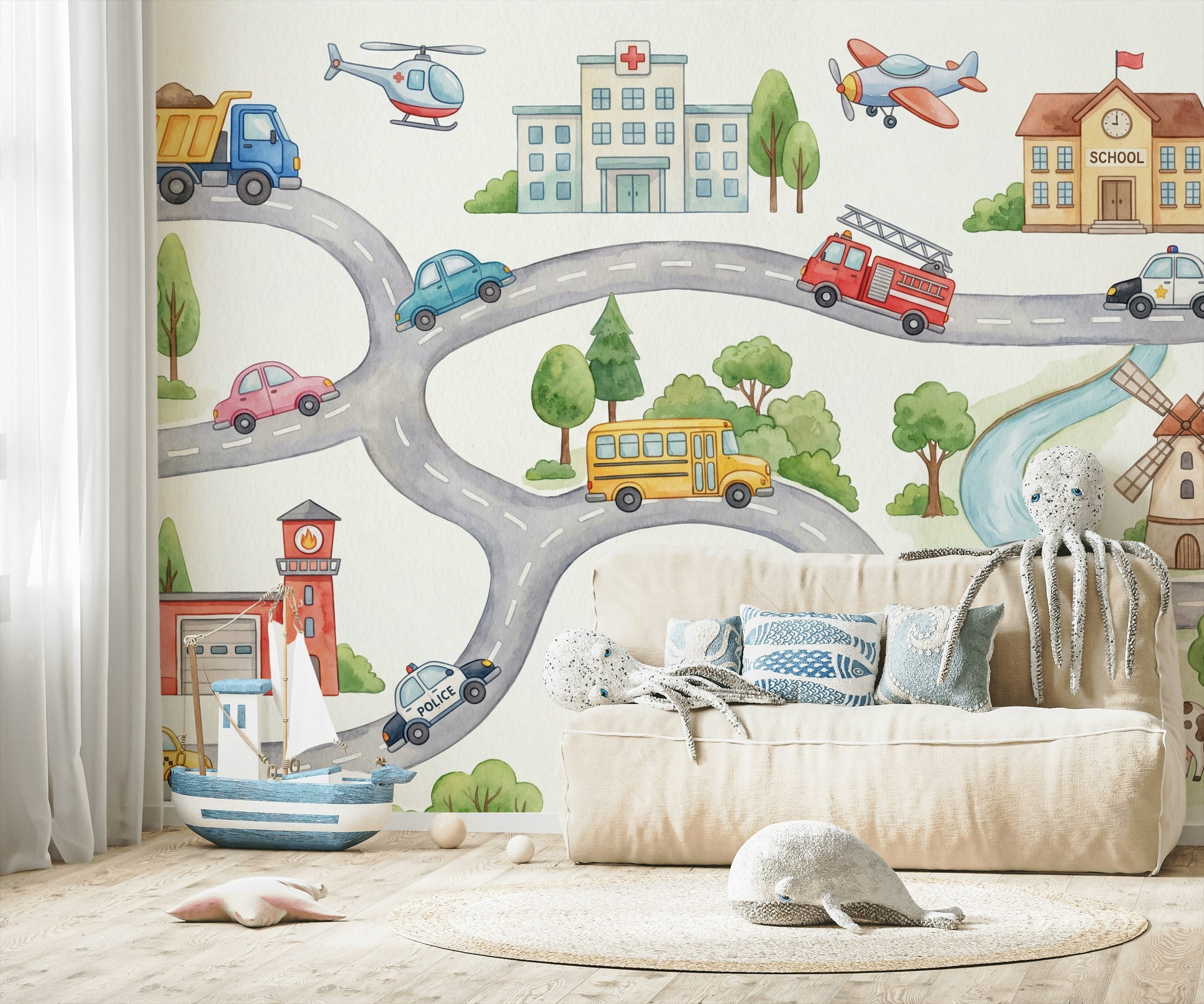 Landscape Wallpaper Vehicles Cartoon Wall Mural