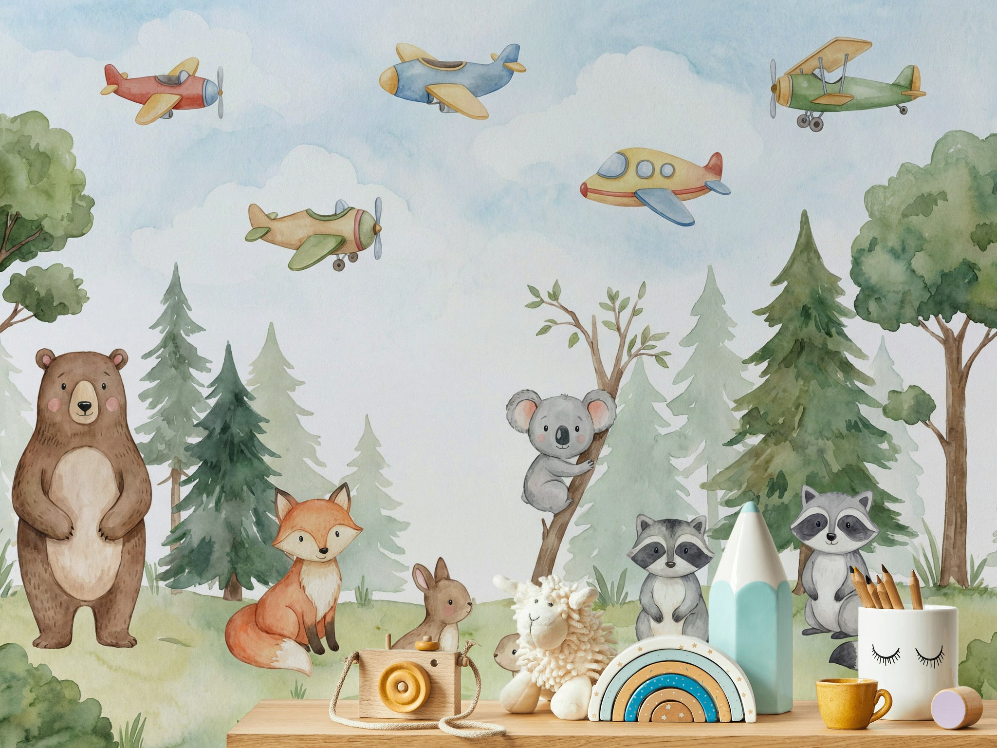 Whimsical Forest Wallpaper Animal Watercolor Wall Mural