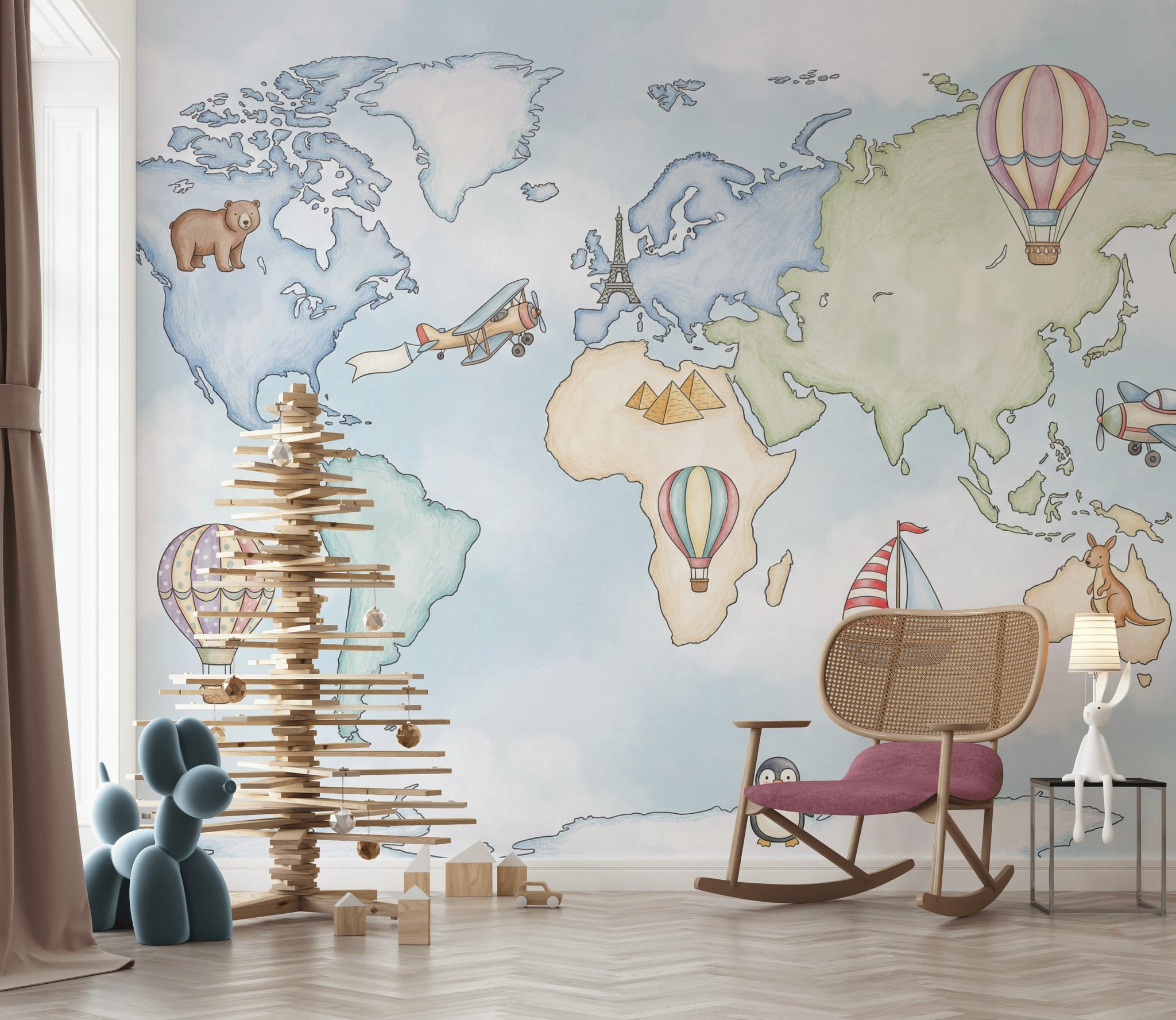 World Map Wallpaper Hot Air Balloons Whimsical Wall Mural