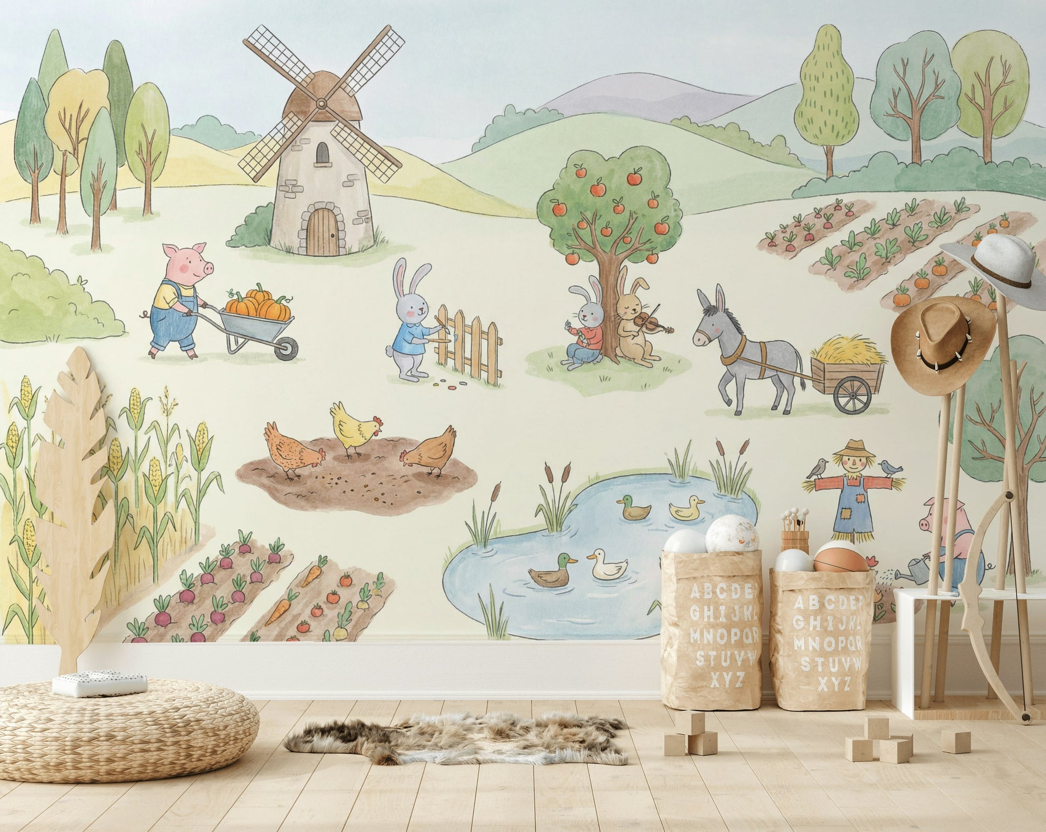 Whimsical Farm Wallpaper Animal Countryside Wall Mural
