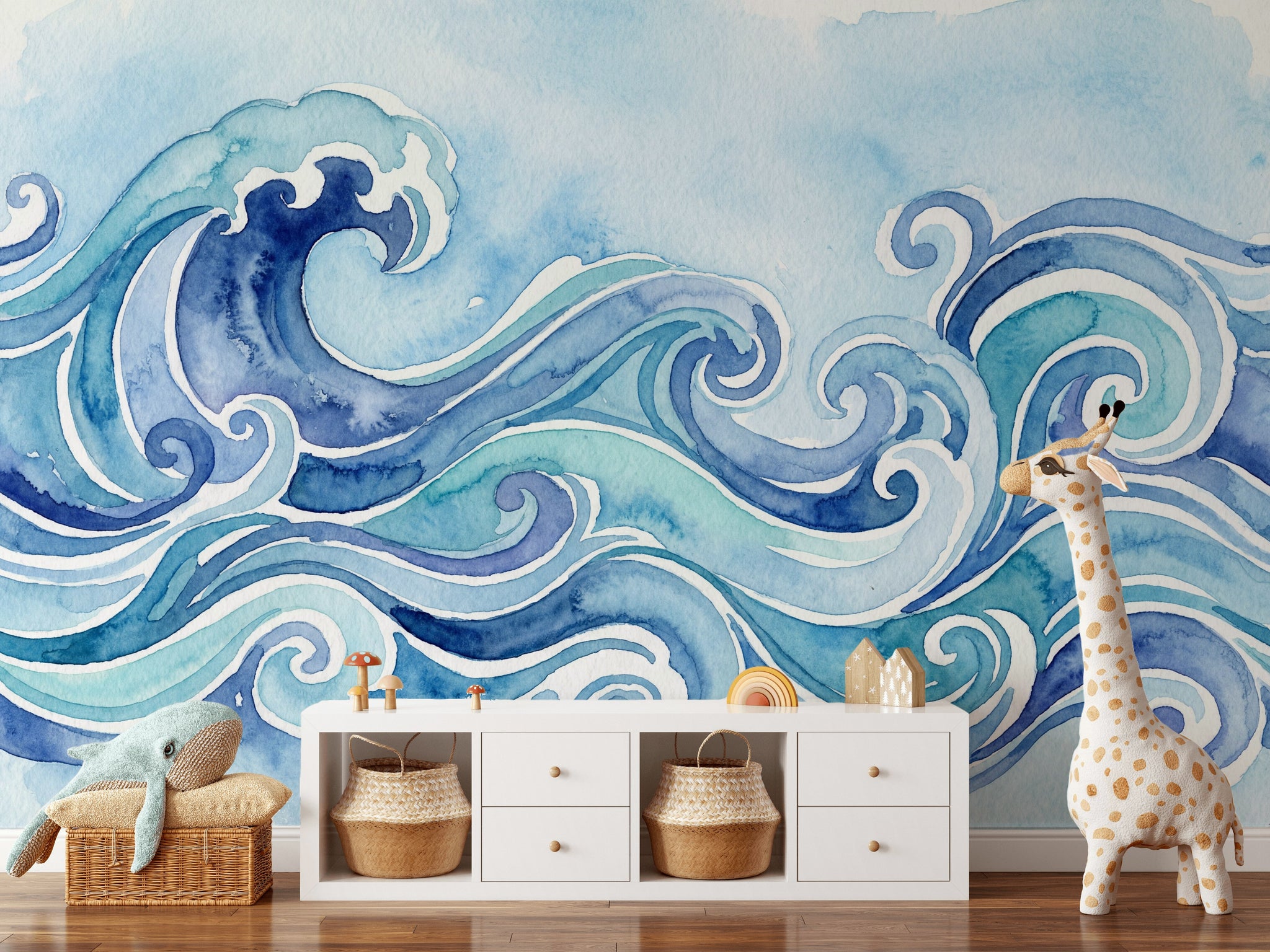 Ocean Waves Wallpaper Watercolor Modern Wall Decor