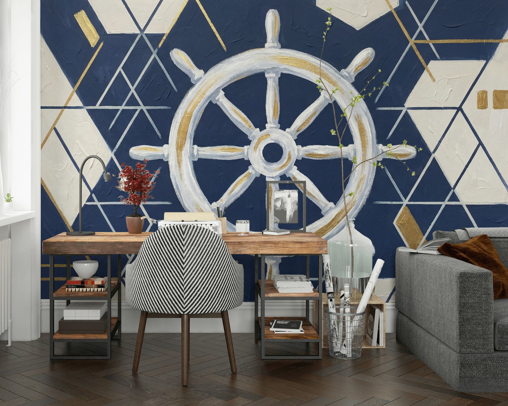 Nautical Wallpaper Geometric Ship Wheel Wall Mural