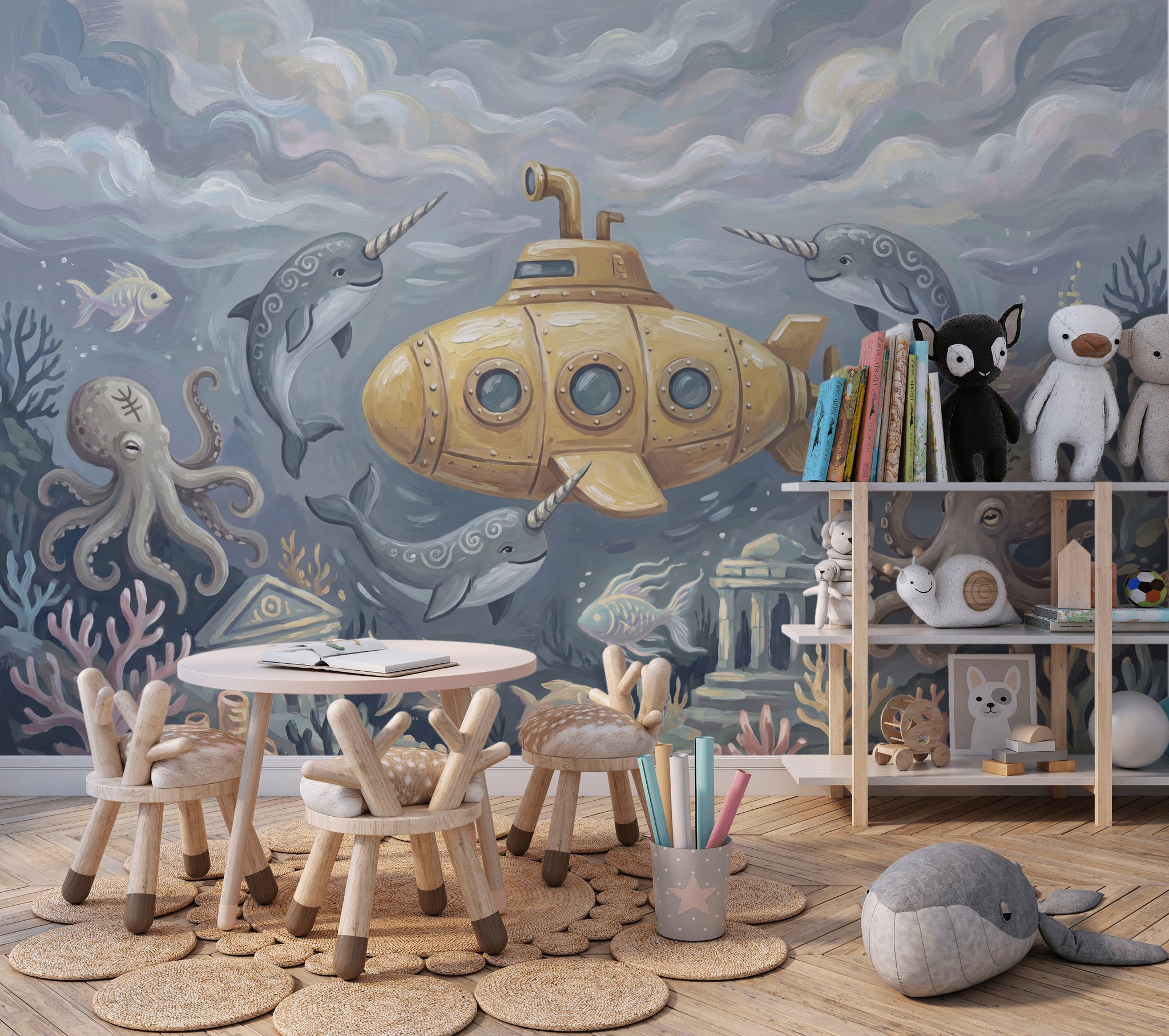 Underwater Wallpaper Narwhal Octopus Wall Mural