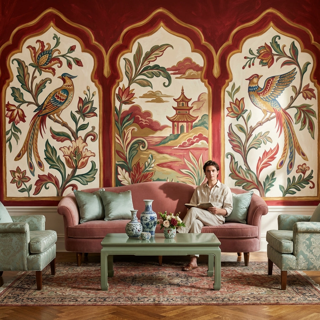 Chinoiserie Wallpaper Arched Panels Pagoda Removable Wall Decor