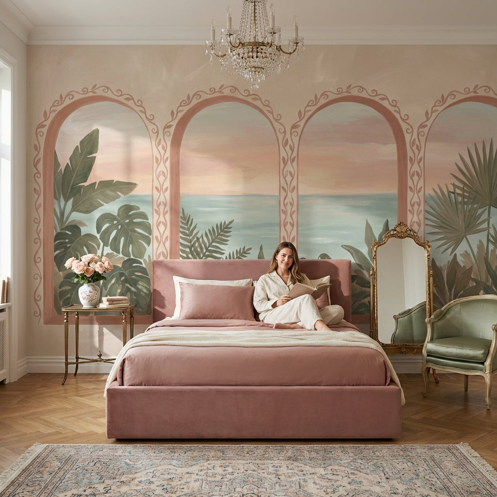 Coastal Landscape Wallpaper Arched Windows Mediterranean Wall Mural