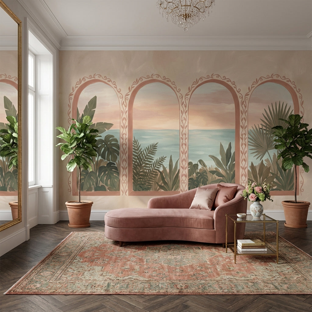 Coastal Landscape Wallpaper Arched Windows Mediterranean Wall Mural