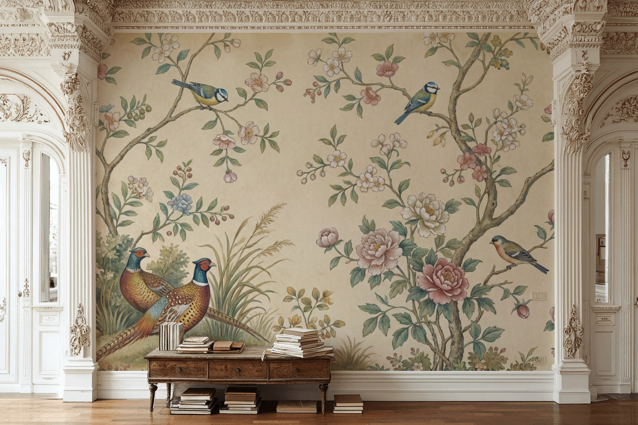 Floral Wallpaper Birds Vintage Wall Mural