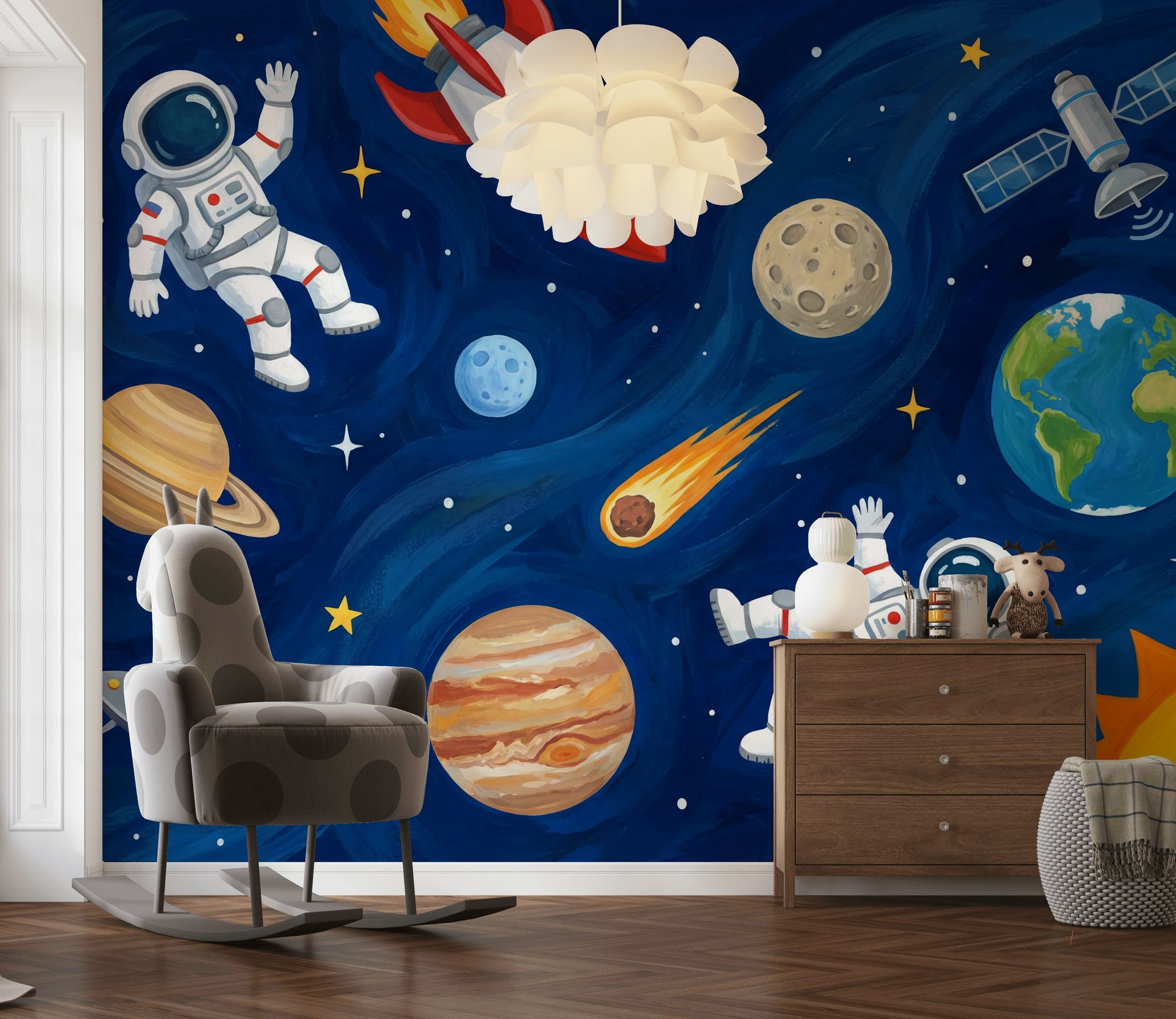 Astronaut Wallpaper Planets Cartoon Wall Decor