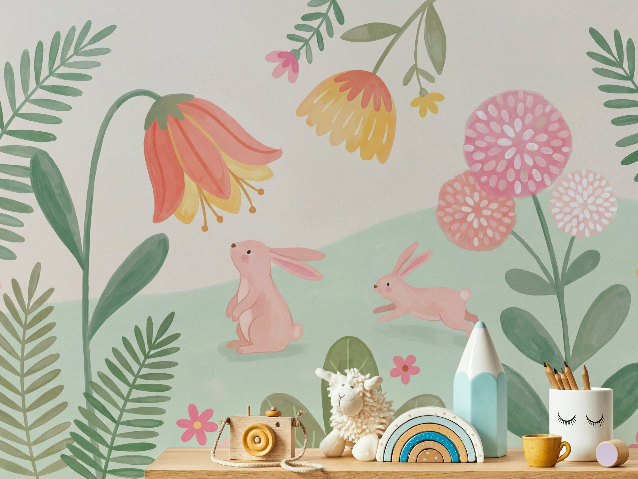 Rabbits Wallpaper Pastel Abstract Wall Mural