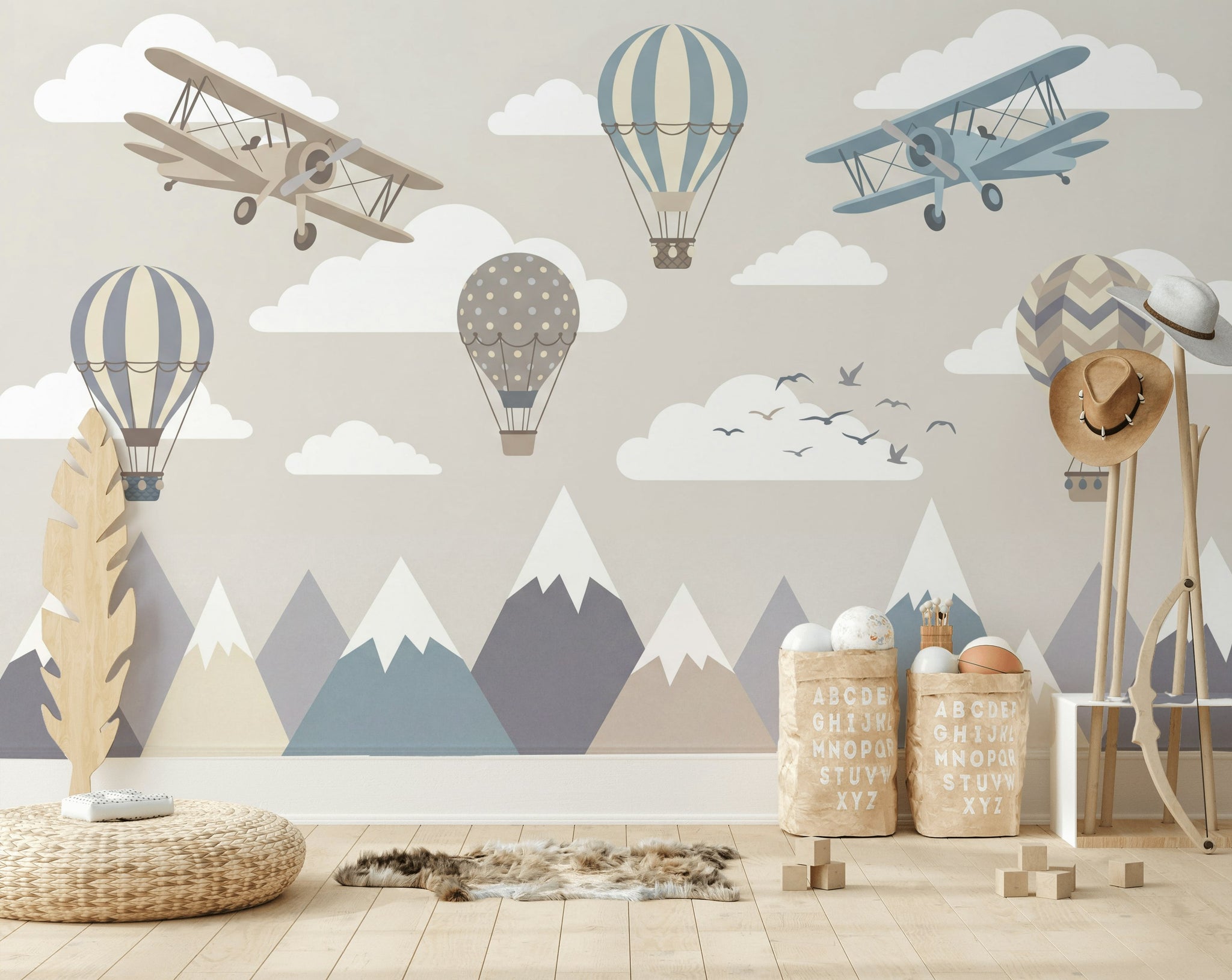 Airplanes Wallpaper Hot Air Balloons Mountains Wall Mural