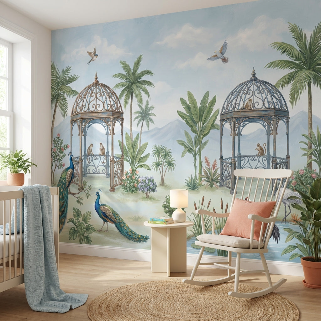Tropical Landscape Wallpaper Gazebo Pavilion Peacocks Wall Mural