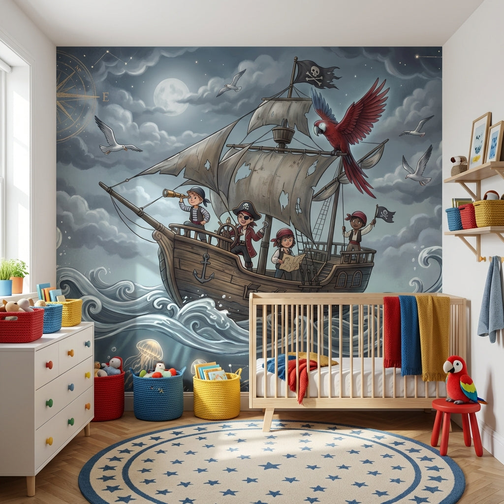 Pirate Ship Wallpaper Moonlit Ocean Compass Rose Wall Mural