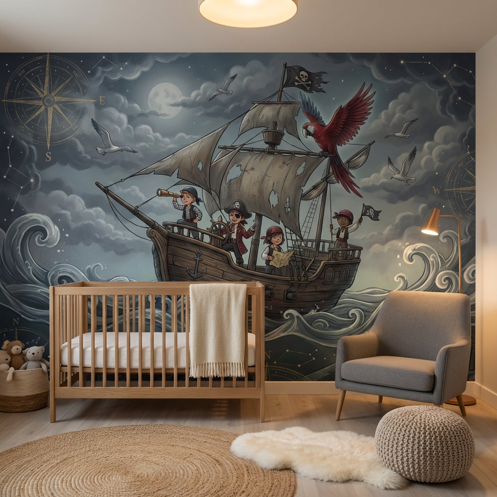 Pirate Ship Wallpaper Moonlit Ocean Compass Rose Wall Mural
