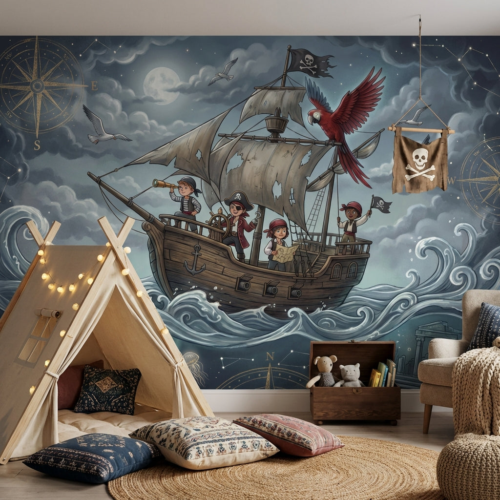 Pirate Ship Wallpaper Moonlit Ocean Compass Rose Wall Mural