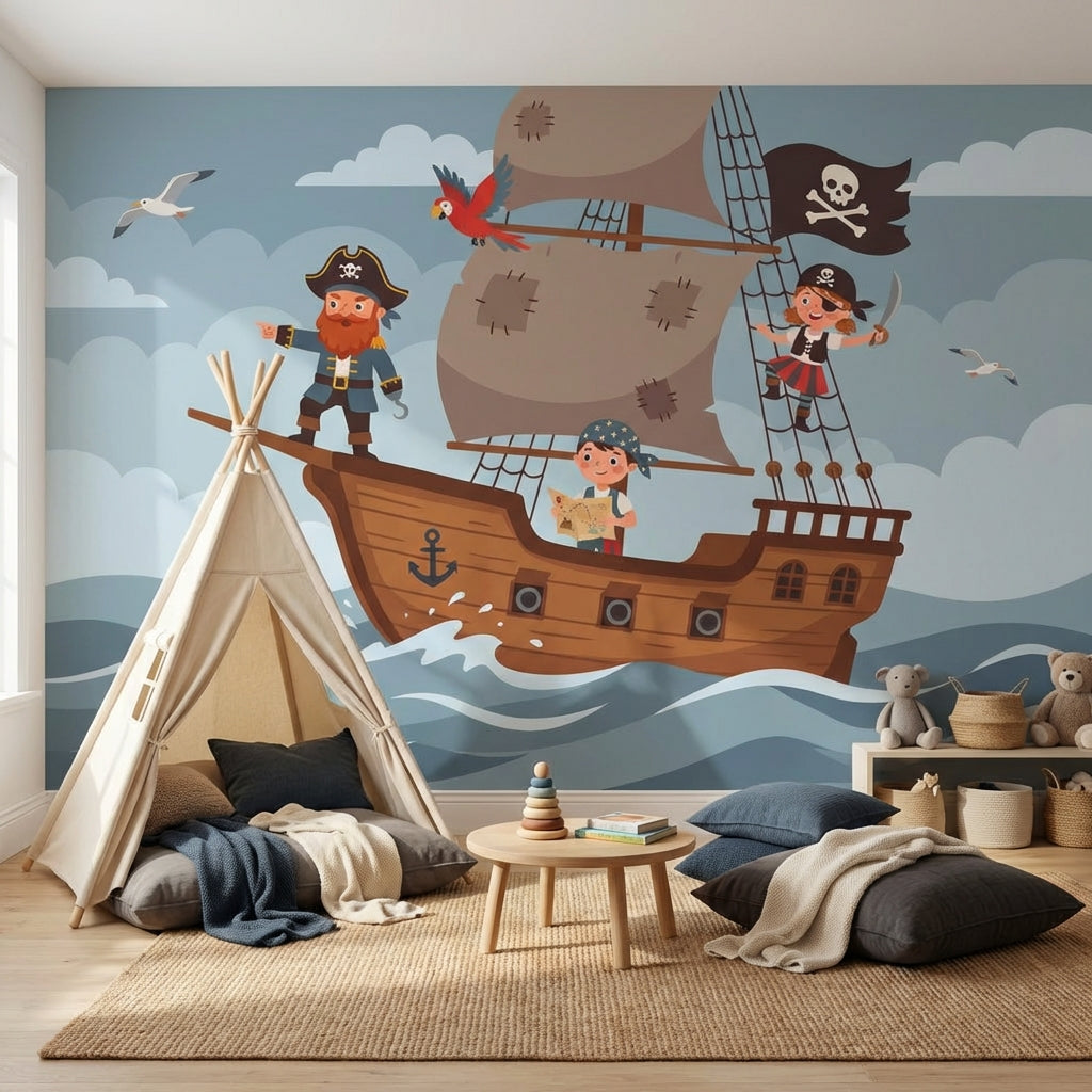 Pirate Ship Wallpaper Ocean Waves Cartoon Illustration Wall Mural