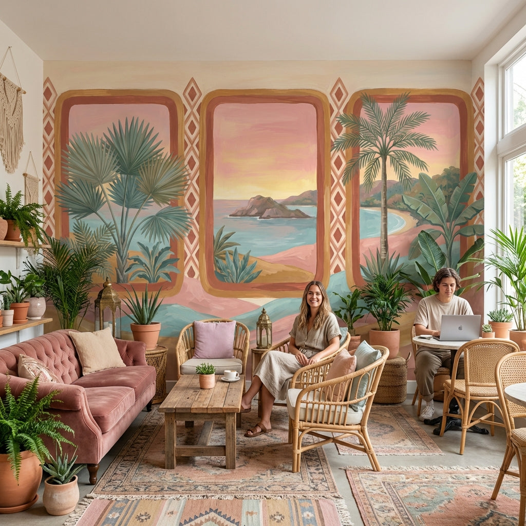 Tropical Coastal Landscape Wallpaper Sunset Sky Palm Trees Wall Mural