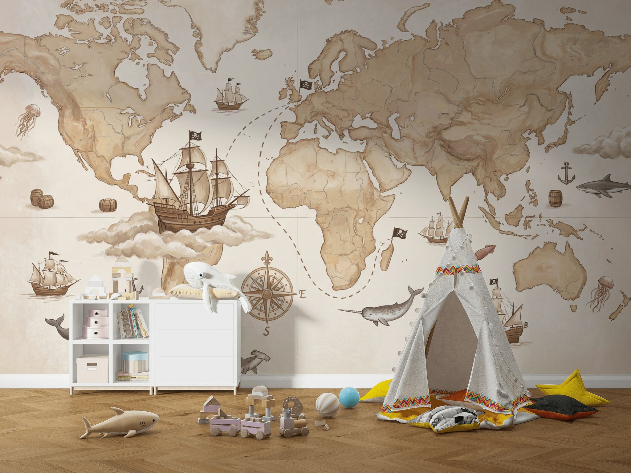 World Map Wallpaper Vintage Nautical Wall Mural