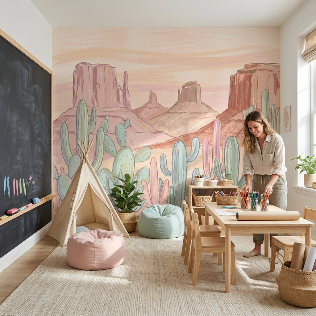 Pastel Desert Wallpaper Southwestern Landscape Cactus Wall Mural