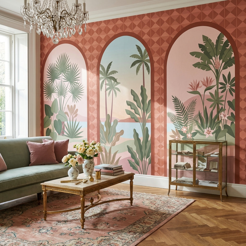 Arched Windows Wallpaper Tropical Coastal Landscape Wall Mural