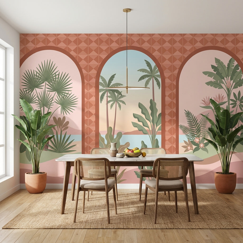 Arched Windows Wallpaper Tropical Coastal Landscape Wall Mural