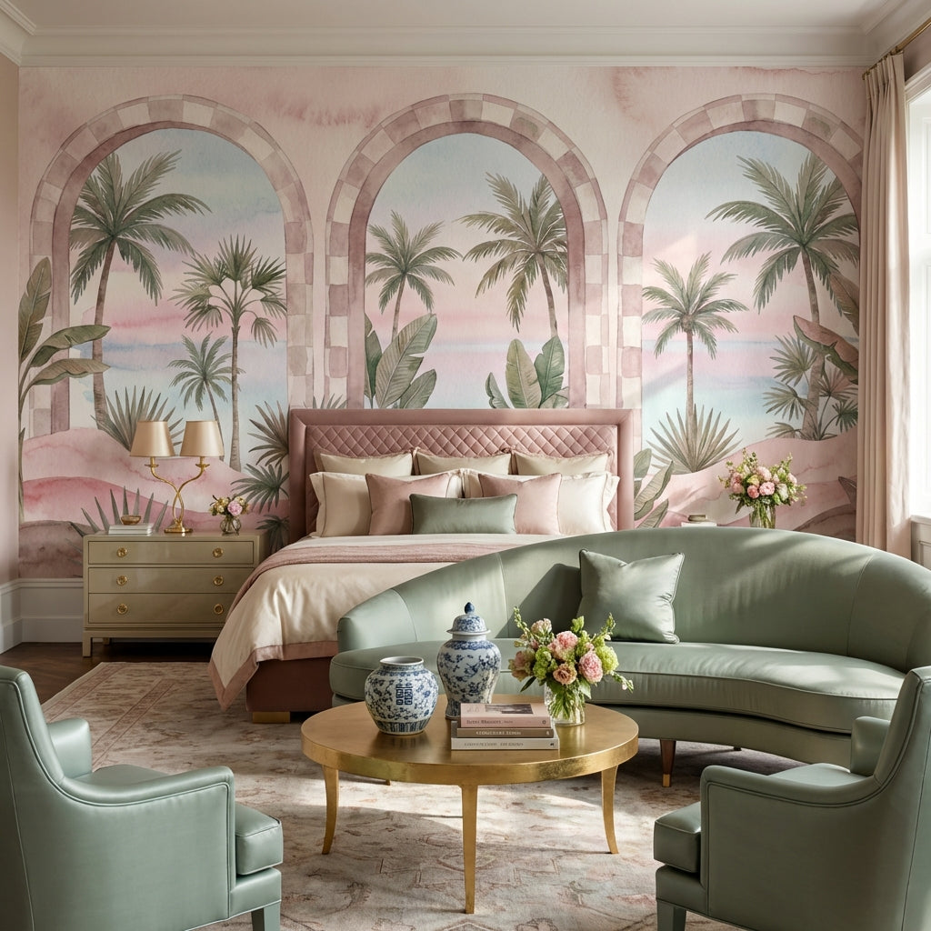 Pastel Tropical Wallpaper Watercolor Mural Arched Windows Wall Mural