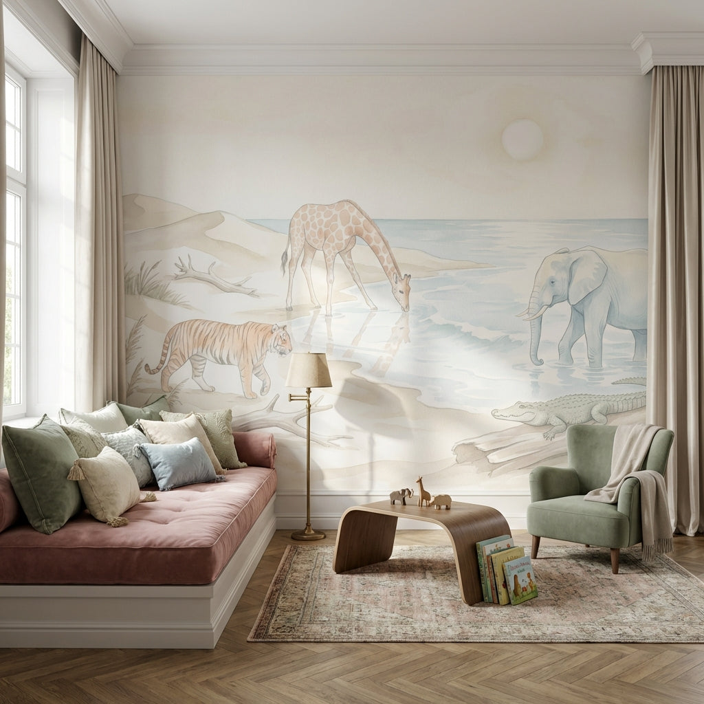 Safari Animals Wallpaper Watercolor Coastal Landscape Wall Mural