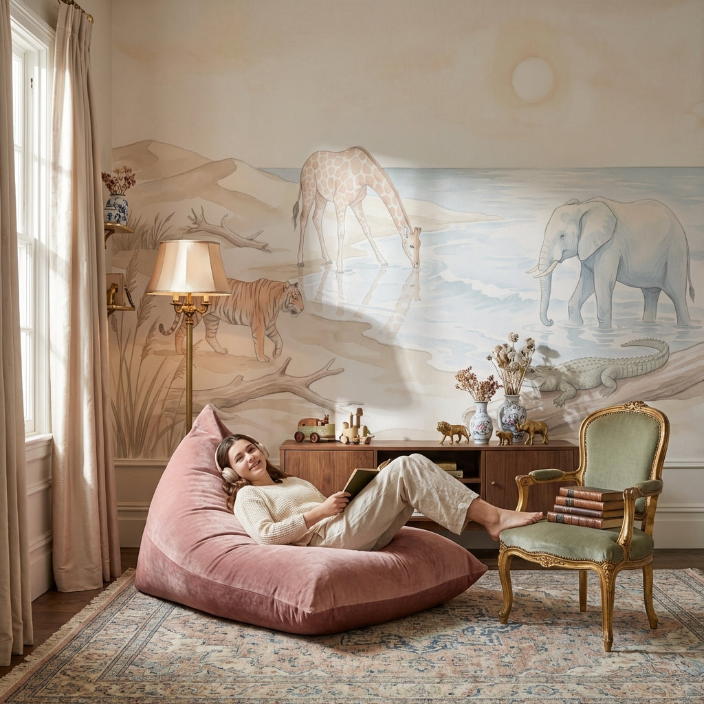 Safari Animals Wallpaper Watercolor Coastal Landscape Wall Mural