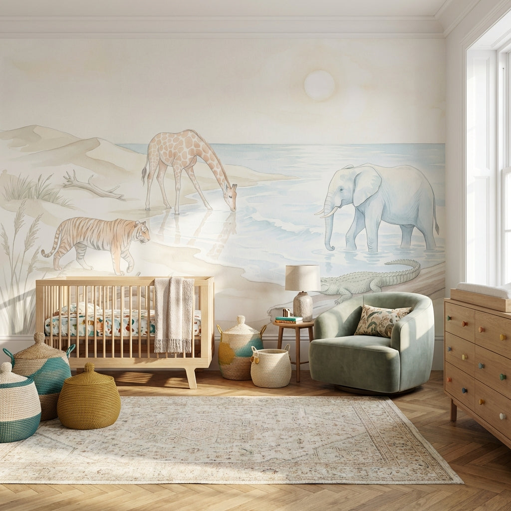 Safari Animals Wallpaper Watercolor Coastal Landscape Wall Mural