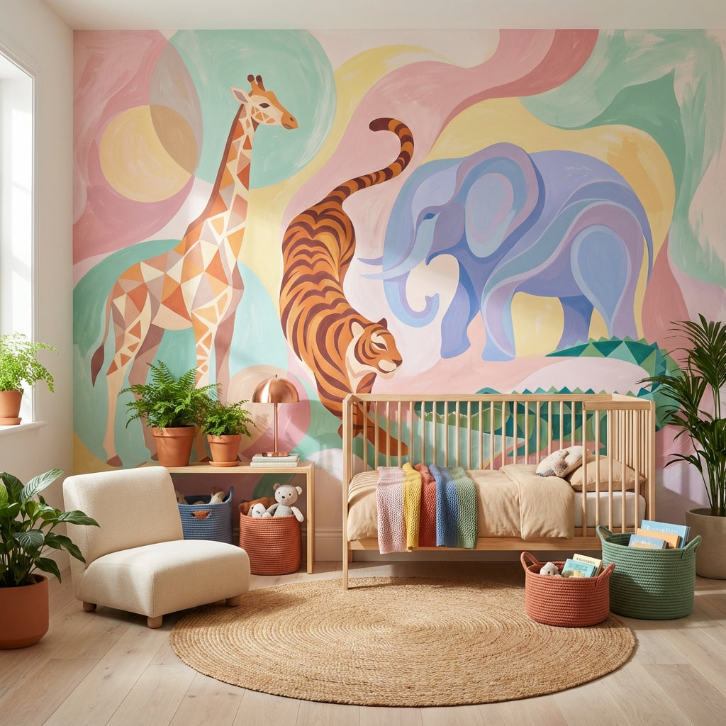 Safari Animals Wallpaper Pastel Bright Wall Mural