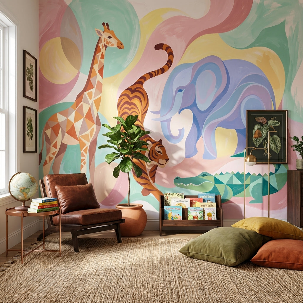 Safari Animals Wallpaper Pastel Bright Wall Mural