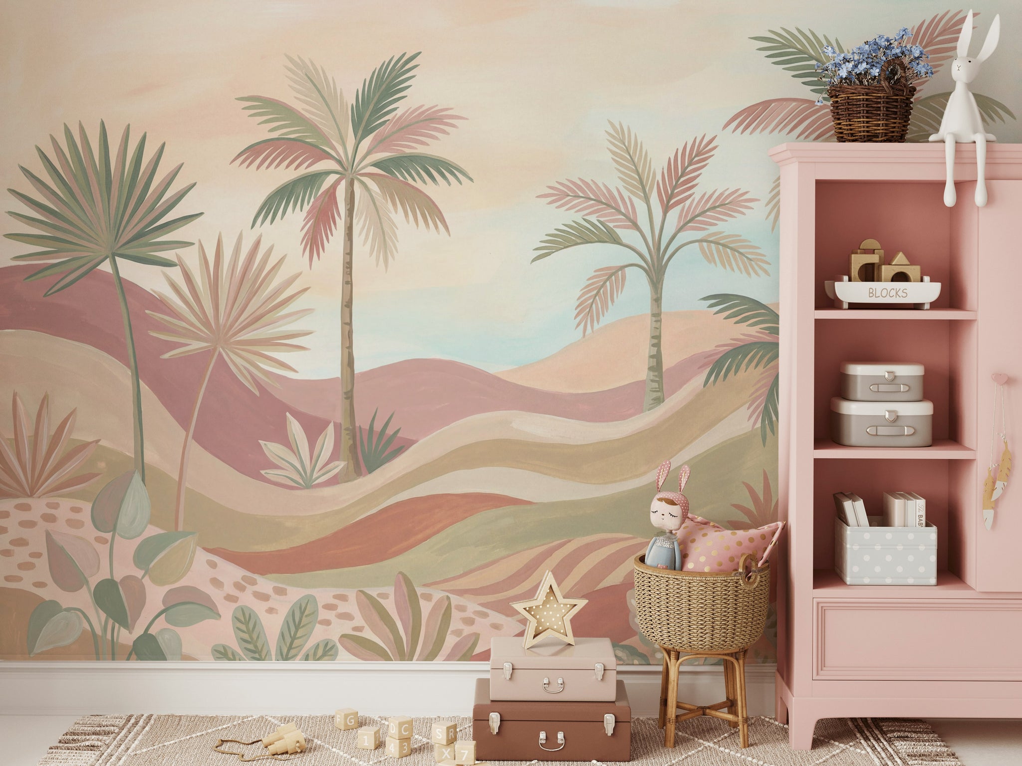 Pastel Tropical Landscape Wallpaper Palm Trees Desert Dunes Wall Mural