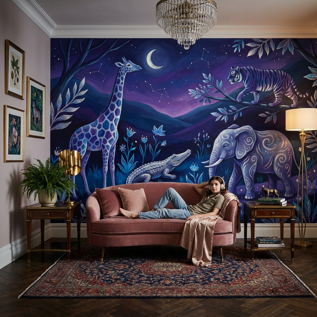 Night Sky Wallpaper Whimsical Animals Constellations Wall Mural