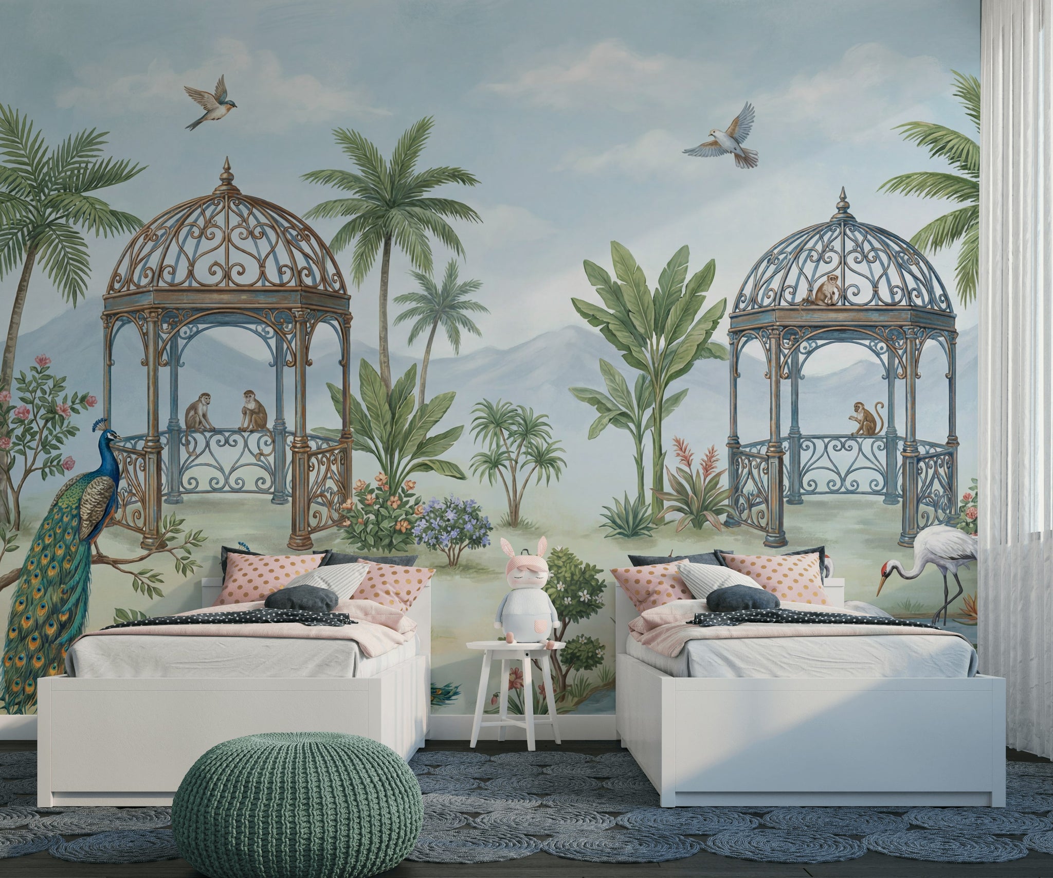 Tropical Landscape Wallpaper Gazebo Pavilion Peacocks Wall Mural
