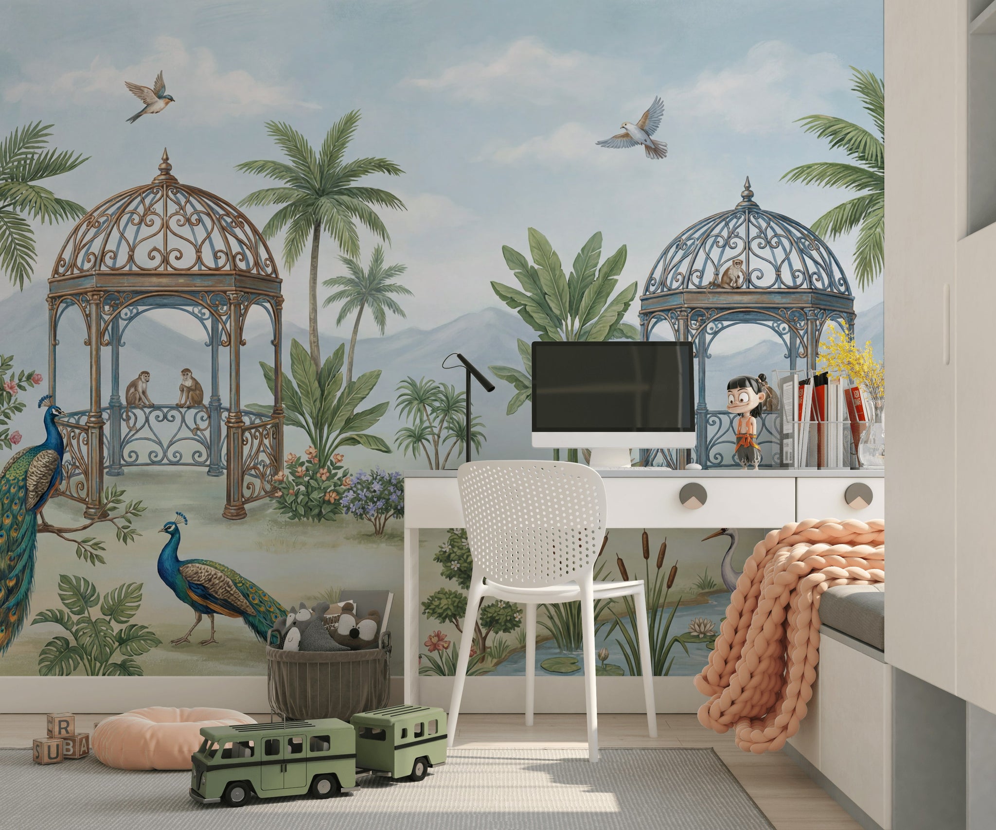 Tropical Landscape Wallpaper Gazebo Pavilion Peacocks Wall Mural