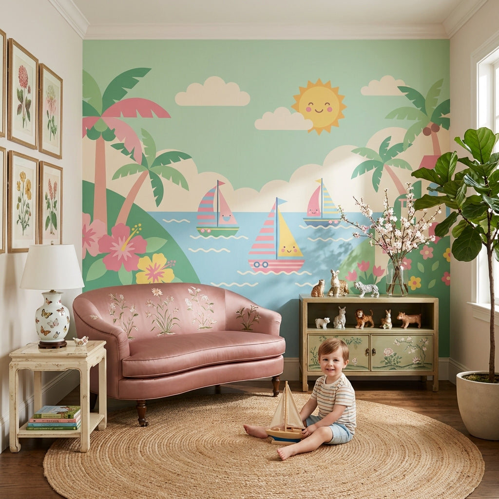 Mediterranean Seaside Wallpaper Pastel Coastal Landscape Wall Mural